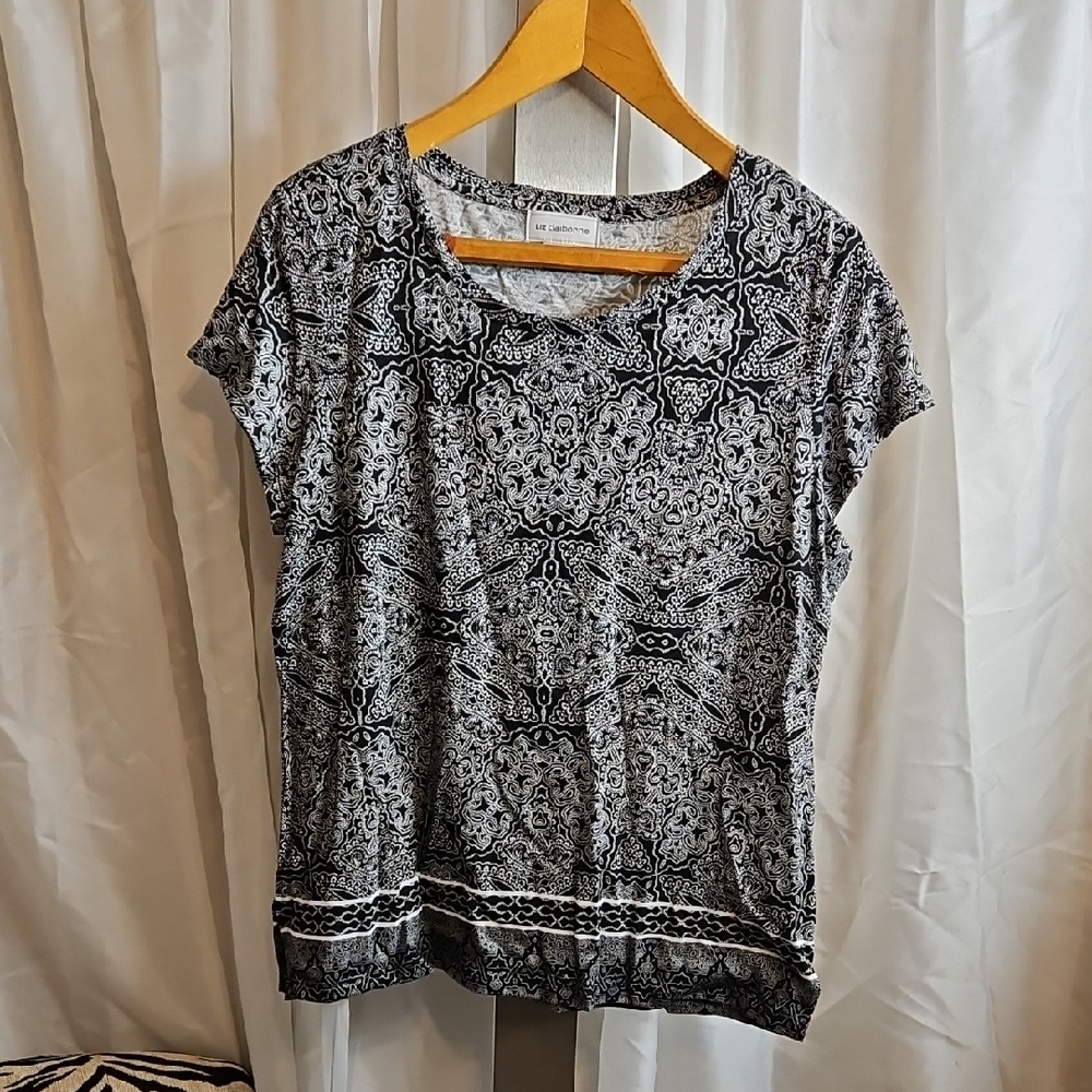Liz Claiborne Black and White Patterned Short Sleeve Tee Sz L